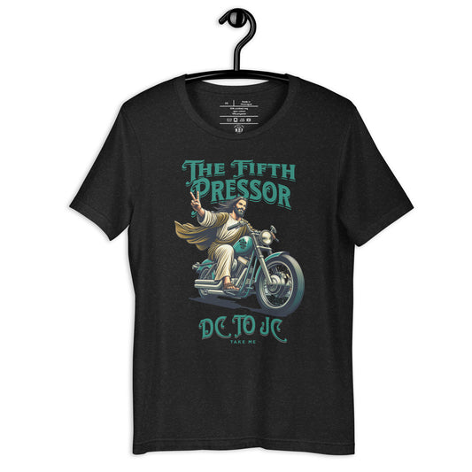 Nurse-themed T-shirt depicting Jesus on a motorcycle giving a peace sign, with the title 'Fifth Pressor DC to JC.' Jesus is wearing a robe, riding a classic motorcycle, and smiling with a raised hand showing the peace sign. The design incorporates medical and religious themes, blending modern and historical element